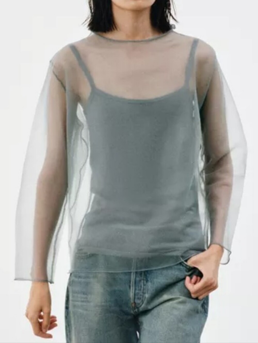 Zara Sheer Overlay Art Top Charcoal Light Gray Size Large NWT
